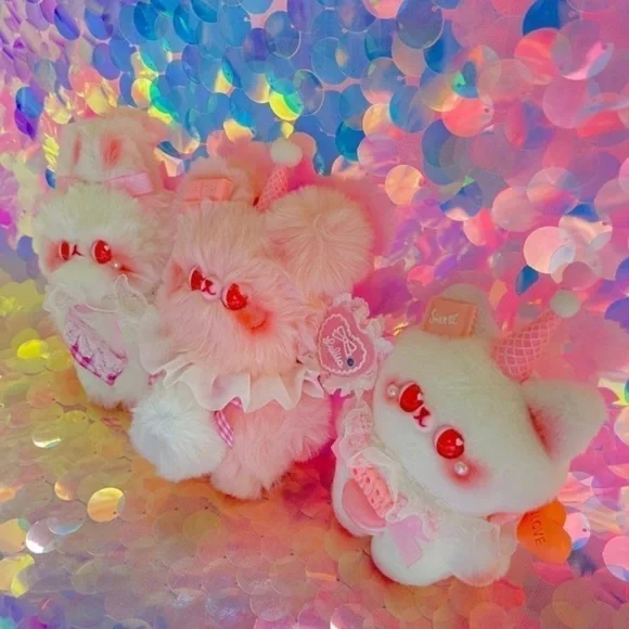 Strawberry Pink Sugar Cone Bunny Cat & Teddy Bear Plush Set
